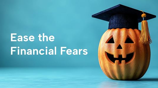 Jack o Lantern with graduate cap and caption ease the financial fears