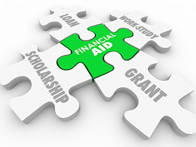 Puzzle pieces noting types of financial aid -such as student loan and work study and grant and scholarship